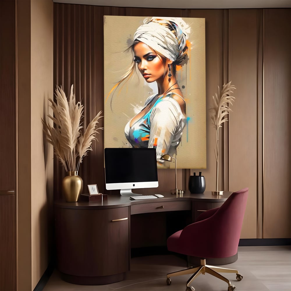 Tablou canvas cu tablou canvas cu portret de femeie, fara rama, pe sasiu de lemn, pe perete intr-un birou